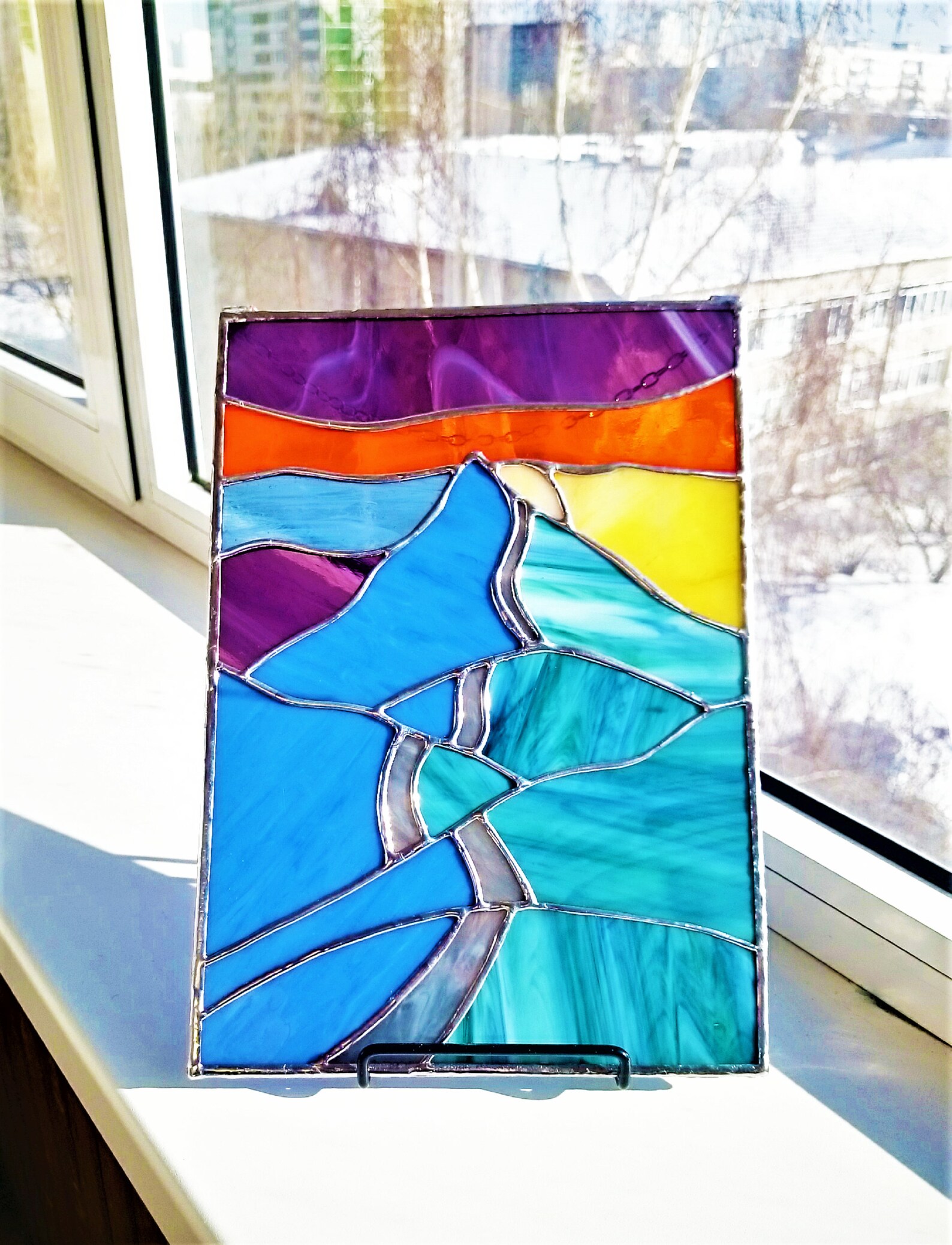 Mountains Stained Glass Panel Suncatcher Sunrise blue ridge Etsy