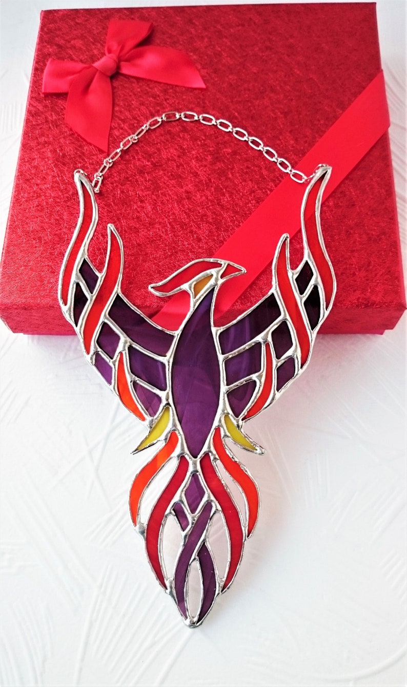 Phoenix Stained glass window hangings Suncatcher Firebird Fairy Fire Bird Gift Kids Baby Friend her daughter Nursery Room Stainglass Cling
