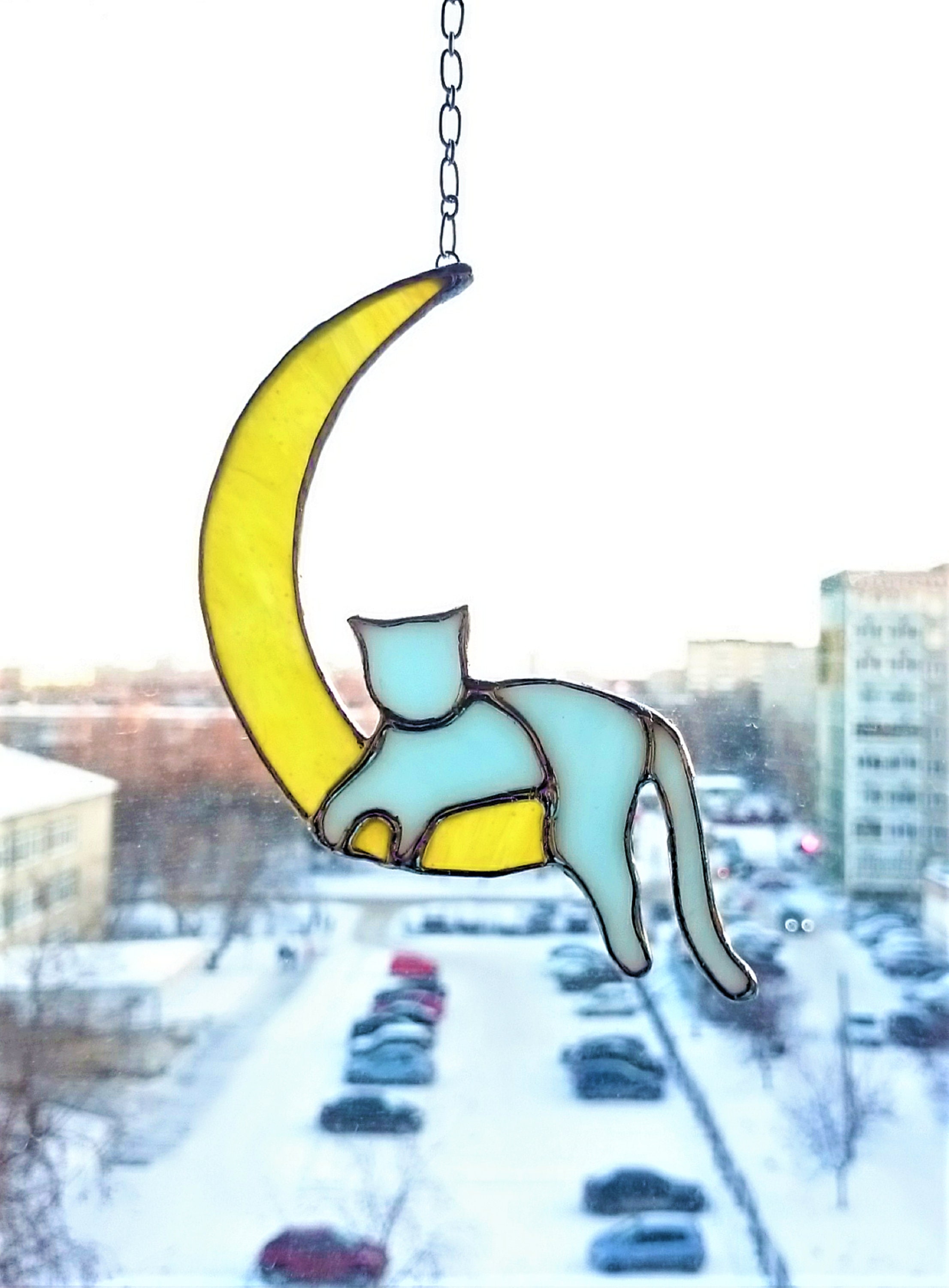 Cat on Moon Decorations indoor Stained Glass Suncatcher Yellow Etsy