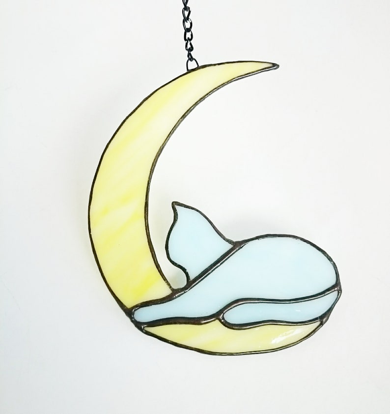 Stained glass Suncatcher Pet Parent Gift Home House Garden decor Window hangings perfect gift kids birthday Blue Cat on Yellow Moon