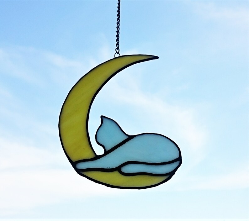 Stained glass Suncatcher Pet Parent Gift Home House Garden decor Window hangings perfect gift kids birthday Blue Cat on Yellow Moon