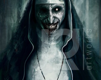 May include: A painting of a scary nun with a white habit and a cross necklace. Her face is pale and her eyes are wide open. She has a sinister smile and a bloody mouth. The background is dark and blurry.