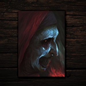May include: A digital painting of a monstrous, pale-skinned creature with a red hood. The creature has a large, misshapen nose and a wide, toothy grin. The creature's eyes are glowing red.