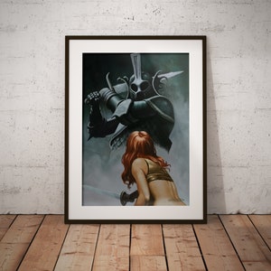 Op de afbeelding: Een schilderij van een vrouw met rood haar die voor een schaduwfiguur staat, gekleed in een harnas en een zwaard vasthoudend. De vrouw kijkt naar de figuur, en de figuur kijkt naar de vrouw. De achtergrond is donker en rookachtig.