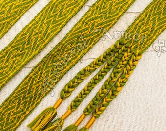 Tablet woven belt, a pattern inspired by detail coat Roger II of Sicily, 12th century.  Custom order with the use of 30 tablet cards. Green.