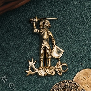 St Michael Slaying the Devil medieval badge. Pilgrim pin for a hat or a cloak, for Renaissance costume 14th-15th centuries.