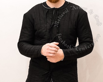 Black medieval gambeson jacket for fighters. Buhurt International, IMСF, SCA fighter gambeson padded under armor clothes for knights.