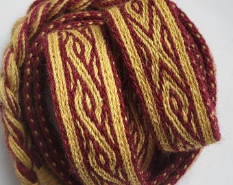 Tablet-woven wool belt. Birka 12. Viking reenactment, Viking trim. Custom order with the use of 20 tablet cards. Burgundy and Yellow.