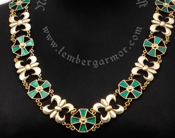 Replica of Medieval Livery Collar, Brass Chain of Office with Fleur-de-Lis, and Cross in green Enamel. An exquisite gift for a reenactor.