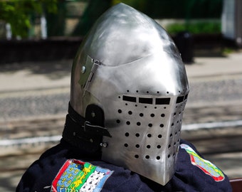 Medieval European helmet Spoleto bacinet with lifting visor and coat-of-arms blazons on the aventail. Highly protected  helmet for 14-15th.