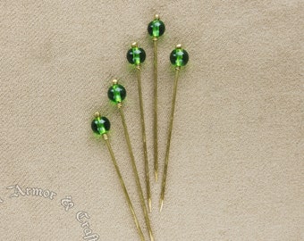 Green medieval pins for a headdress, (5prc set) the Hairpins  13-15 century. Pins for dresses historical reenactment costume and SCA