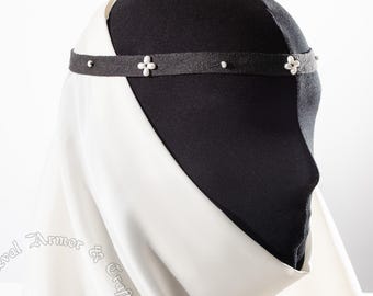 Dark brown Silk Tablet-Woven Headband with pearls – Narrow Handmade Head Accessory for Medieval Reenactment, Diamond Pattern, 30 Tablets