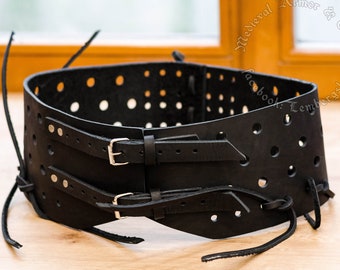 Cinturón de cuero resistente para calzas y armaduras. Accesorio medieval para las piernas con correas de cuero. Se adapta a cualquier tipo de protección para las piernas.