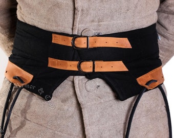 Fabric belt for chausses and armor. Medieval leg armor attachment with leather straps.