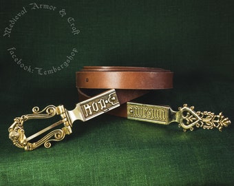 Medieval thin long belt with gold buckle, replica from the Karlstejn treasure for the reenactment 14th-century wealthy costume (Charles IV).