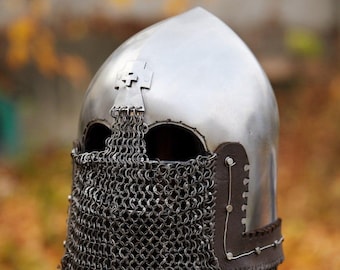 Medieval helm Nasal Bascinet with the cross attachment, full-contact fight 14th-15th century. Steel fight Buhurt International/IMCF helmet.