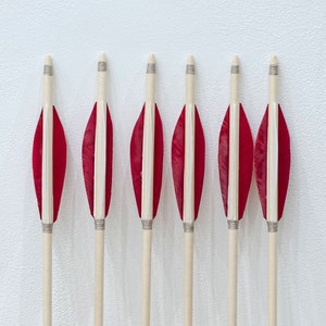 Red wooden arrows for traditional and medieval archery. Linden arrows with authentic shaft and natural feathers image 1