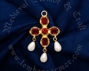 Late Medieval Cross pendant with red stones and pearls, Europe 15th century. A great gift to a dedicated re-enactor or a historian.