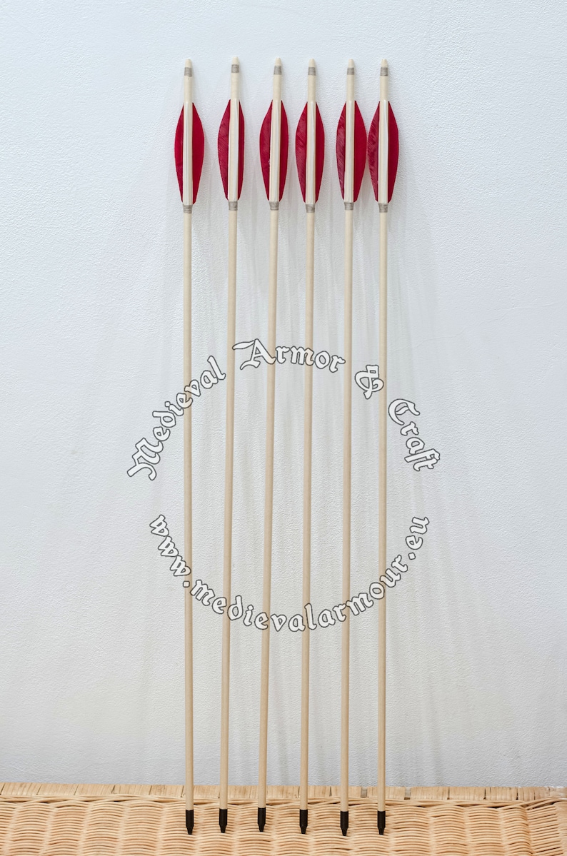 Red wooden arrows for traditional and medieval archery. Linden arrows with authentic shaft and natural feathers image 1