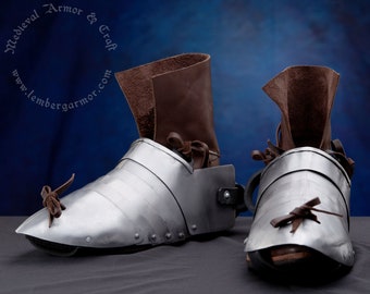 14th-Century Sabatones and Boots with Additional Under-Soil Strap for Buhurt and Medieval Combats. Steel or Titanium (Optional No Boots)