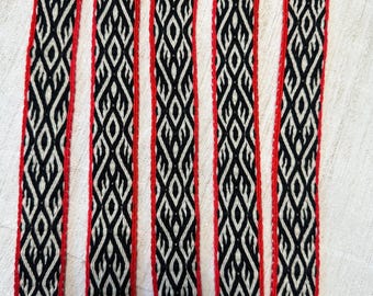 Tablet-woven wool belt, Birka 6 (double variation). Viking reenactment trim. Custom piece made with 24 cards in Red, Black, and Beige.