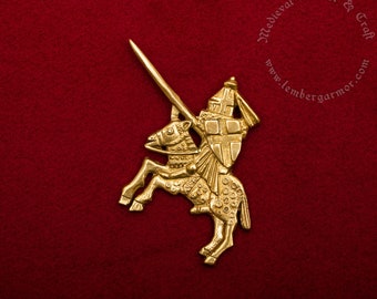 Knight rides Medieval badge replica. Pilgrim pin for a hat or a cloak, for Renaissance costume 14th century.