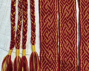 Tablet-woven belt, a pattern inspired by detail coat Roger II of Sicily, 12th century.  Custom order with the use of 30 cards. Burgundy.