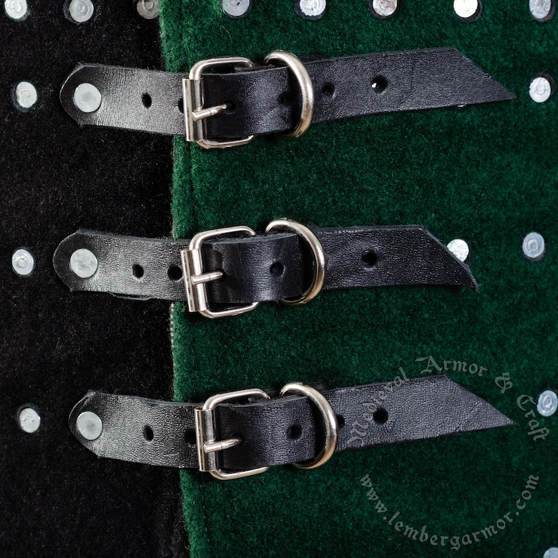 May include: Close-up of three black leather straps with silver buckles, attached to a green and black fabric surface. The straps are secured with metal rings.