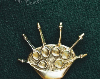 The bowl with six spoons medieval badge replica. Pilgrim pin for a hat or a cloak, for Renaissance costume 14th -15th centuries.