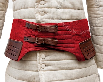 Strong Red Fabric Belt for Chausses and Armor, Medieval Leg Armor Attachment with Leather Straps, Durable Leather, Hand-Stitched.