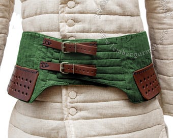Strong Green Fabric Belt for Chausses and Armor, Medieval Leg Armor Attachment with Leather Straps, Durable Leather, Hand-Stitched.