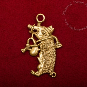 Boar playing a flute Medieval badge replica. Pilgrim pin for a hat or a cloak, for Renaissance costume 14th-15th centuries.