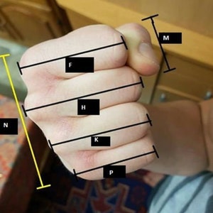 K&ouml;nnte beinhalten: Nahaufnahme einer Hand mit f&uuml;nf markierten Messungen. Die Messungen sind mit F, H, K, P und M beschriftet.