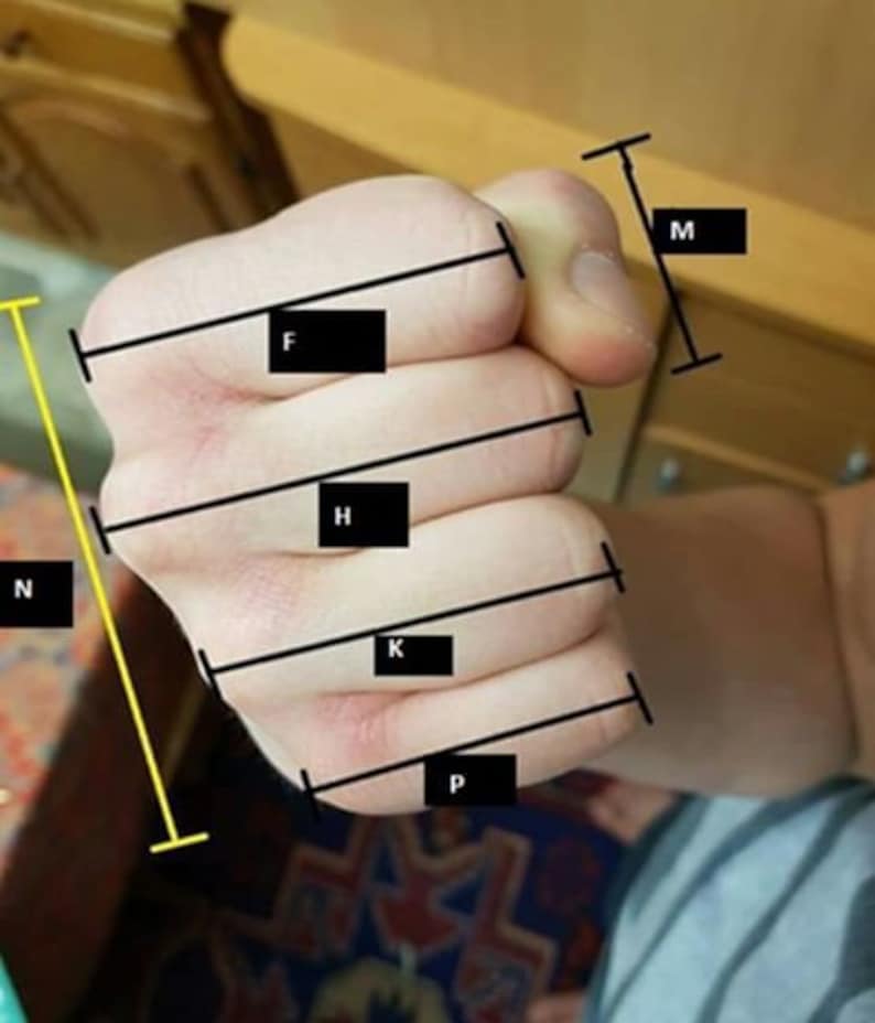 K&ouml;nnte beinhalten: Nahaufnahme einer Hand mit f&uuml;nf markierten Messungen. Die Messungen sind mit F, H, K, P und M beschriftet.