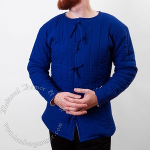 Blue medieval gambeson jacket for fighters. Buhurt International, IMСF, SCA fighter gambeson padded under armor clothes for knights.