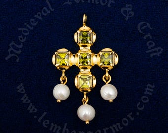 Late Medieval Cross pendant with green stones and pearls, Europe, 15th century. A great gift to a dedicated re-enactor or a historian.