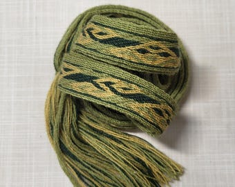 Tablet-woven belt. Hallstatt 123, pattern from 500 BC, Austria. Custom order using 21 tablet cards. Iron Age. Greens and yellow.