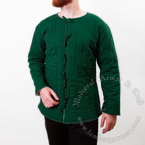 Green medieval gambeson jacket for fighters. Buhurt International, IMСF, SCA fighter gambeson padded under armor clothes for knights.