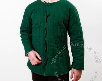Green medieval gambeson jacket for fighters. HMB, IMСF, SCA fighter gambeson padded under armor clothes for knights.