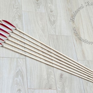 Red wooden arrows for traditional and medieval archery. Linden arrows with authentic shaft and natural feathers image 2