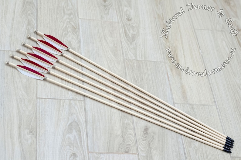 Red wooden arrows for traditional and medieval archery. Linden arrows with authentic shaft and natural feathers image 2