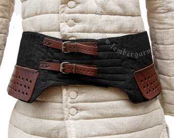 Strong Black Fabric Belt for Chausses and Armor, Medieval Leg Armor Attachment with Leather Straps, Durable Leather, Hand-Stitched.