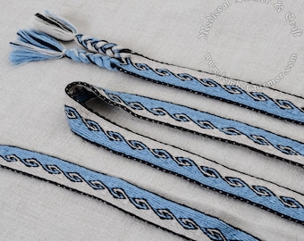 Tablet woven wool belt. Viking reenactment, Viking trim. Custom order with use 18 tablet cards. Light blue, black, and white.