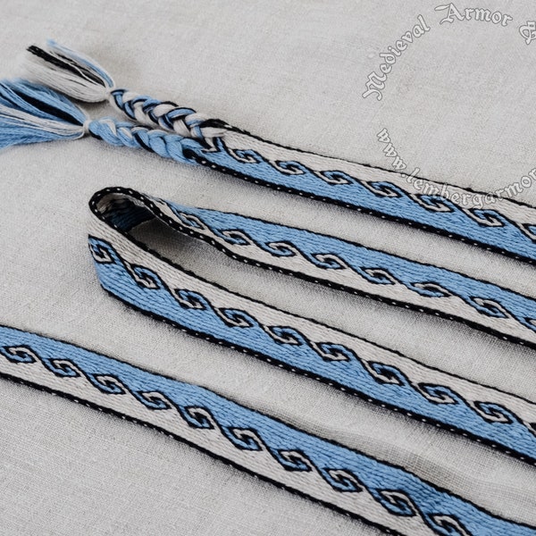 Tablet woven wool belt. Viking reenactment, Viking trim. Custom order with use 18 tablet cards. Light blue, black, and white.