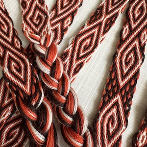 Ready to ship 2,15m! Tablet-Woven Wool Belt – Viking Age Inspired Reenactment Belt, 16 Cards. Brown, Orange & White.