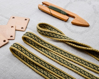 Tablet woven wool belt. Inspired by Oseberg find Norway, 9th. Viking reenactment. Used 9 tablet cards. Green and beige.