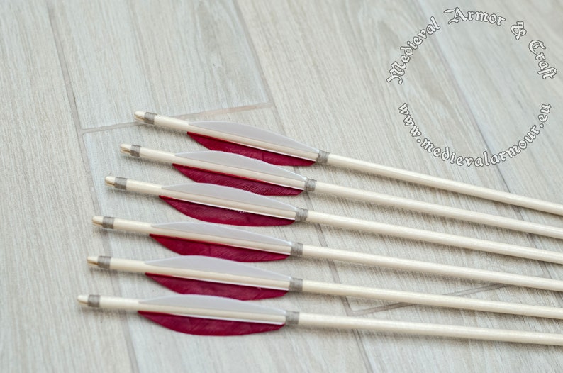 Red wooden arrows for traditional and medieval archery. Linden arrows with authentic shaft and natural feathers image 3