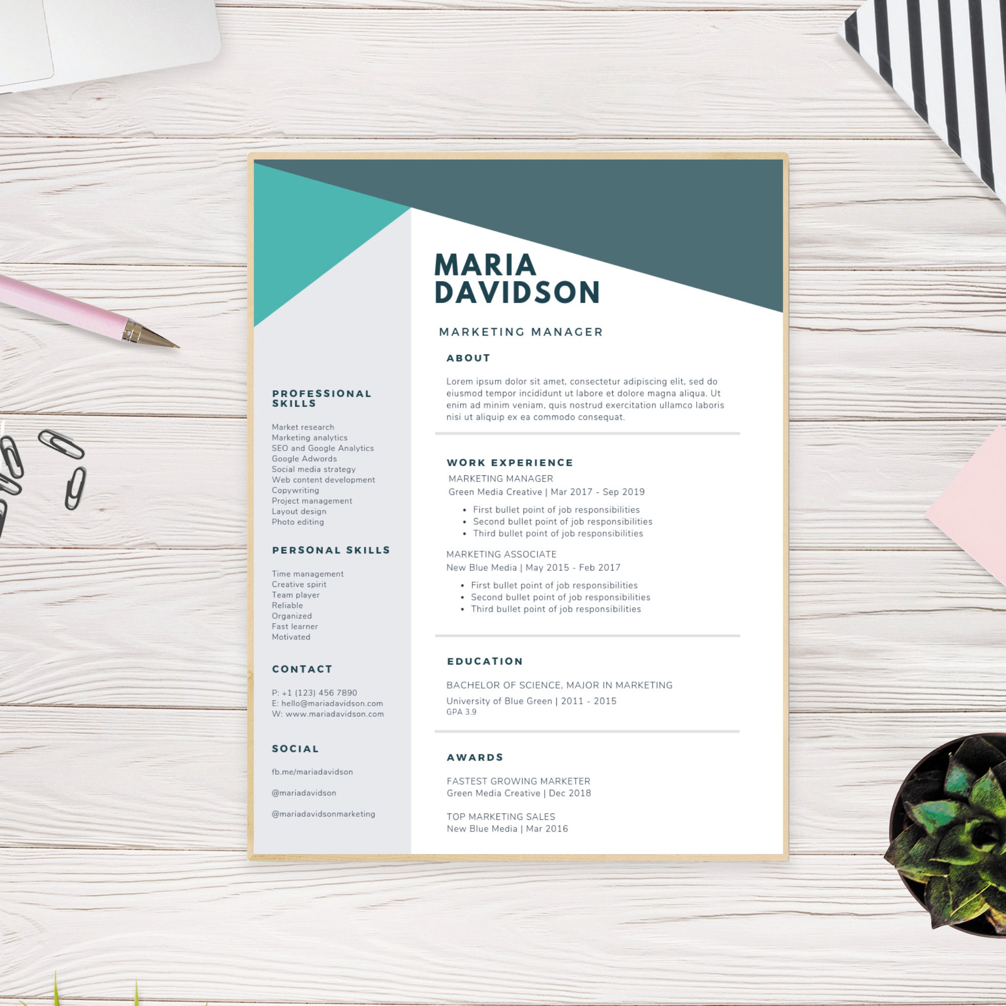 Instant Download Resume & Letterhead Template Modern Maria | Etsy