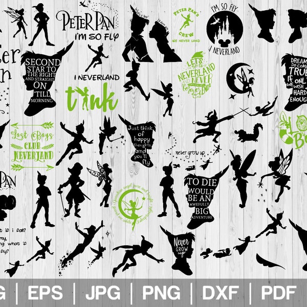 Lot de 50 Mega Peter Pan SVG PNG coupe fichier silhouettes vectorielles imprimable Clip-arts Téléchargement instantané DXF