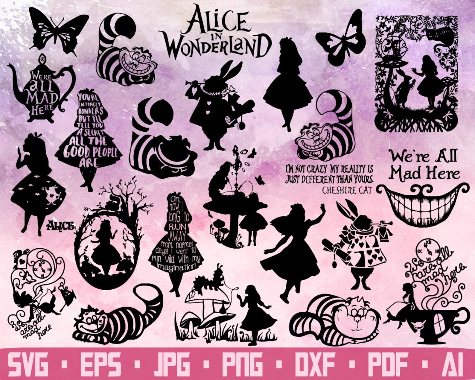 Alice Mad hatter Wonderland Disney Alice silhouette Tea party Cheshire cat svg...